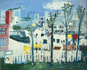 Four Trees, White Fence  by Woodrow, Joash (1927-2006); 99.5x122 cm; Private Collection; 108 Fine Art, Harrogate; British,  in copyright PLEASE NOTE: The Bridgeman Art Library represents the copyright holder of this image and can arrange clearance.